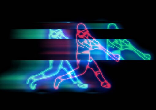 ネオンラインで描かれた野球選手のスイングと躍動感のある光の抽象的な背景