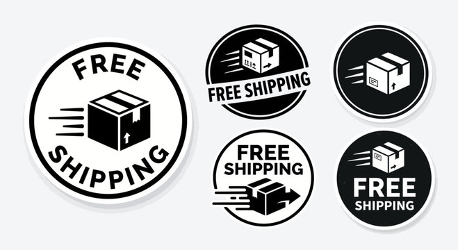 A flat illustration set of five free shipping circular badges a flat illustration