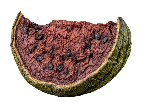 Detailed photograph of a severely withered watermelon slice, showcasing shrunken flesh and seeds.