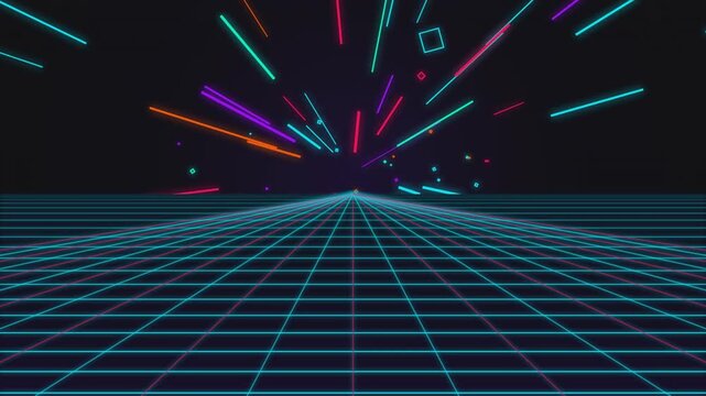 Synthwave grid warp motion loop with neon pink cyberspace landscape for retro tech backgrounds