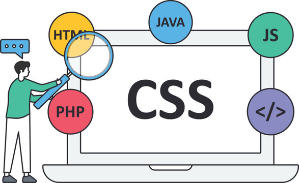 Web Development concept with programmer analyzing code. Front End and Back End programming languages like CSS, HTML, and Java. Software engineering and information technology skills.