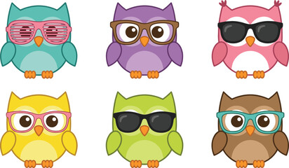 Cute Cartoon Owl Character Vector Set with Colorful Feathers and Various Eyeglasses or Sunglasses Styles for Kids Book Illustrations Stickers and Educational Graphic Designs