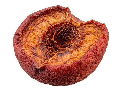Photograph of a shriveled and dried peach cut in half, revealing its deep wrinkled texture and empty pit cavity.