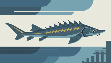 Naklejka premium Large sturgeon fish swimming in underwater environment with decorative stylized aquatic shapes and simple geometric background elements.