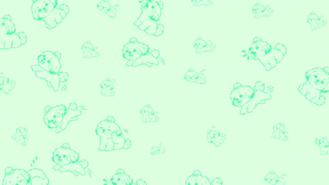 Cute fluffy Maltese dog doodle with bow, seamless loop pattern in mint monochrome tone. Playful, sleeping poses, hand-drawn line art motion, 4K RGB.