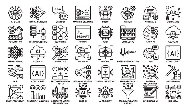 Artificial Intelligence line icon set, 40 AI technology vector symbols, machine learning and neural network icons for data science and automation