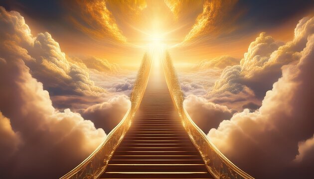 Stairway To Heaven Ascending Through Clouds Towards Golden Light