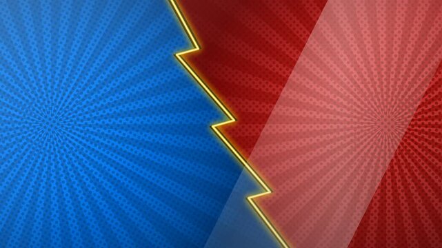 Dynamic Blue and Red Comic Book Style Background Featuring a Zigzag Lightning Divider for Competitive Design Projects