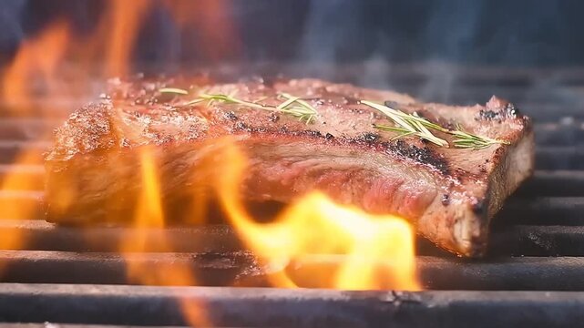 Juicy Beef Steak Grilling Over Open Fire Flames with Rosemary