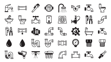 Fototapeta premium Plumbing icons set with 40 vector elements, black line plumbing service symbols, bathroom fixtures and water pipe repair equipment icons