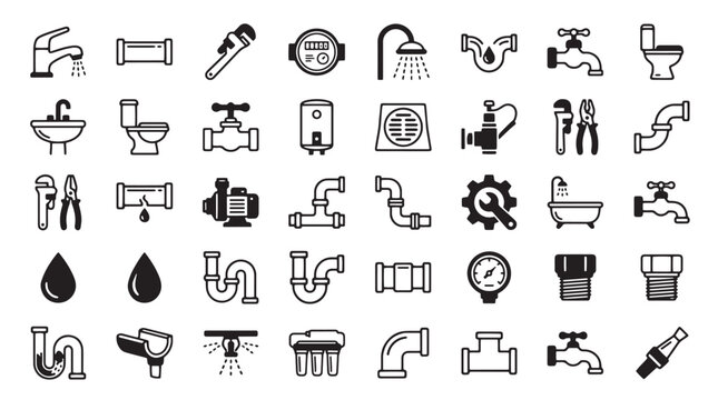 Plumbing icons set with 40 vector elements, black line plumbing service symbols, bathroom fixtures and water pipe repair equipment icons