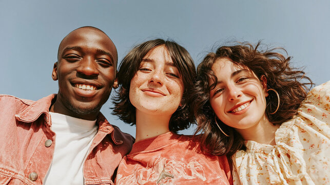 Friends Forever: A diverse trio of young adults, two women and one man, share a genuine smile under a clear blue sky, radiating warmth and camaraderie.