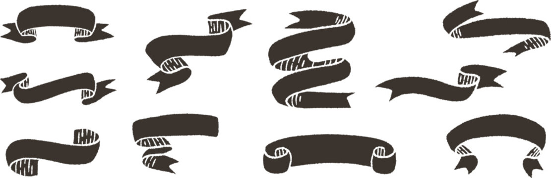 Black hand drawn silhouette ribbon banners collection isolated on white background. Vintage textured vector scrolls and labels for sale tags, badges and retro design elements.