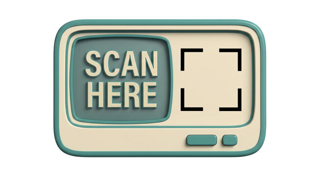 3D retro QR placeholder, Retro 3D scan here icon with QR code reader frame and teal display