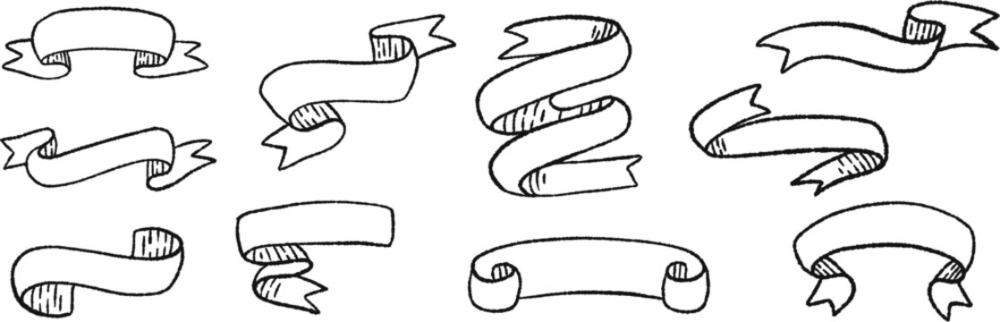 Hand drawn outline ribbon banners set isolated on white background. Vintage sketch scrolls and flag banners vector illustration for design element, title, award and certificate.