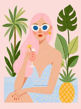 Pink-haired woman with cocktail and pineapple tropical illustration