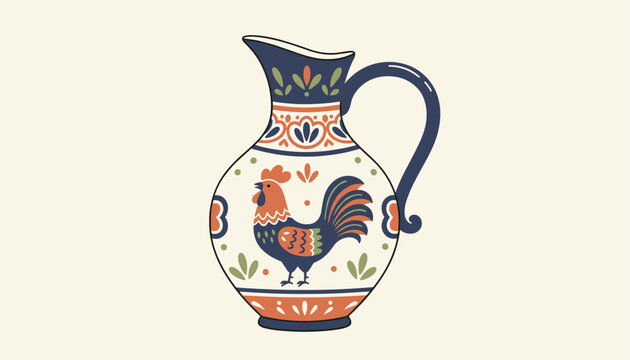 Traditional ceramic pitcher decorated with a colorful rooster illustration and intricate folk art patterns on a light cream background.