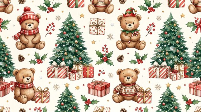 Seamless pattern with cute teddy bears wearing winter clothes and decorated Christmas trees with colorful gift boxes