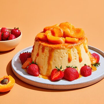 Flan dessert with caramel, apricots, and strawberries on a plate