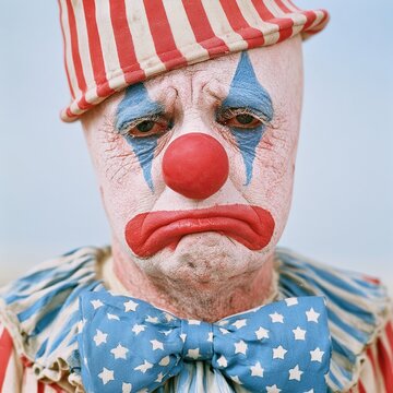 Sad clown wearing colorful costume and makeup regretting performance
