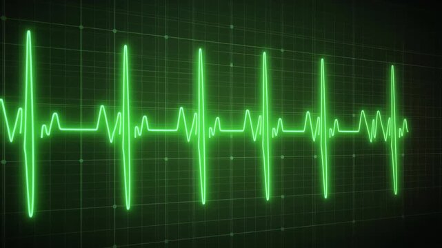 Green Heartbeat Monitor EKG Waveform on Digital Grid Background