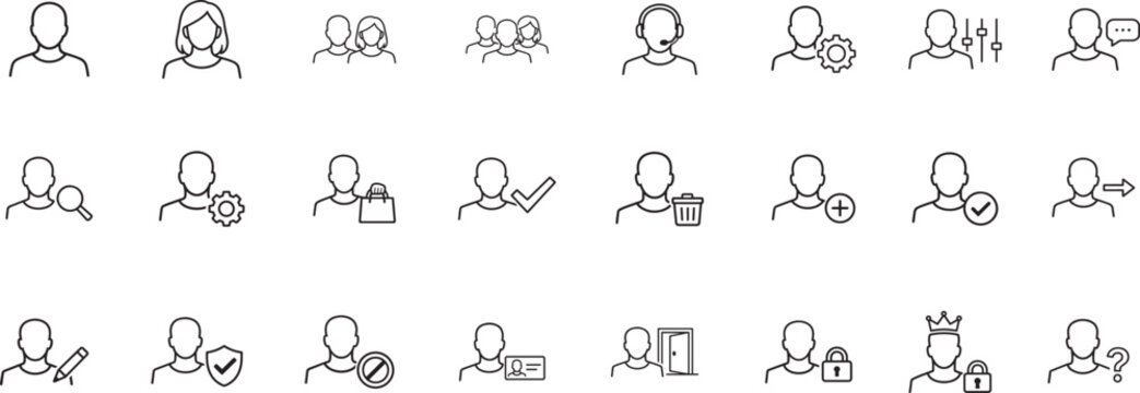 User account line icon set with profile, login, admin, security and settings. Editable stroke vectors.