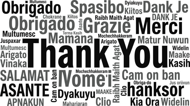 Multilingual thank you word cloud, black and white international gratitude typography, global appreciation message vector illustration