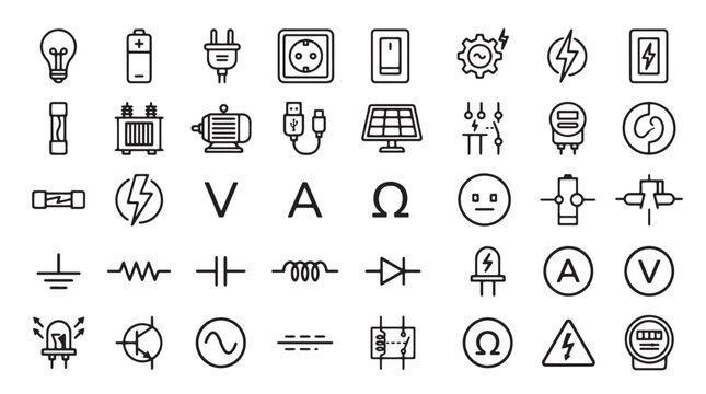 Electrical engineering icons set, 40 outline vector symbols for electronics and power, industrial circuit components and energy line art