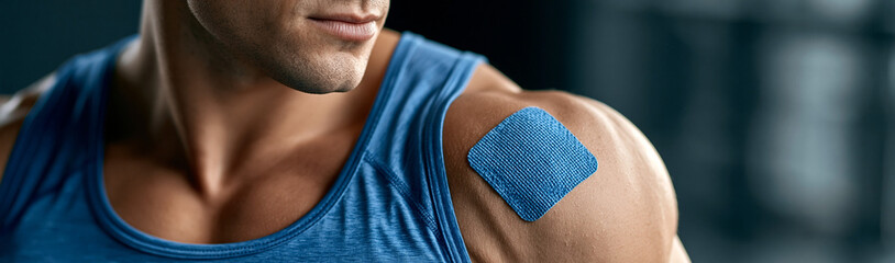 Naklejka premium Muscle Recovery: A close-up shot showcases a muscular athlete's shoulder adorned with a blue therapeutic tape, hinting at recovery and resilience after a demanding workout.