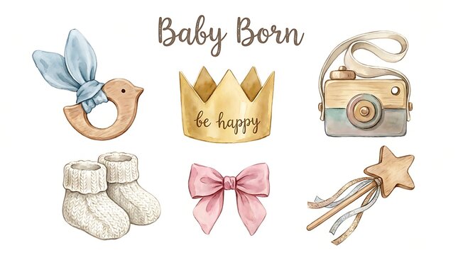 Set of cute baby born accessories with a camera crown toy bow and socks in a hand drawn watercolor illustration style
