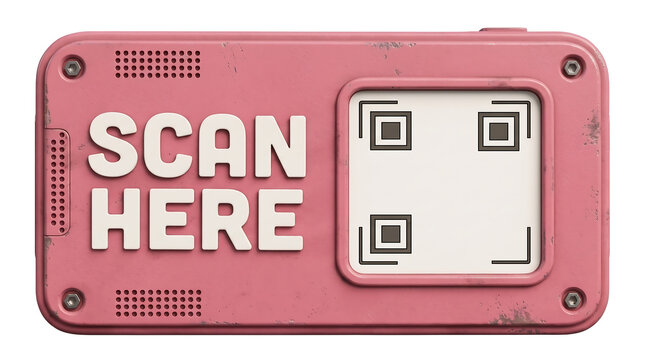 3D retro QR placeholder, Pink industrial scan here panel with qr code reader hardware device