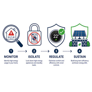 Energy management process infographic showing monitoring isolation regulation sustainability steps with sustaining efficiency optimal home energy conservation