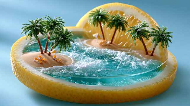 Miniature tropical island with palm trees and lounge chairs set inside a slice of grapefruit with ocean water