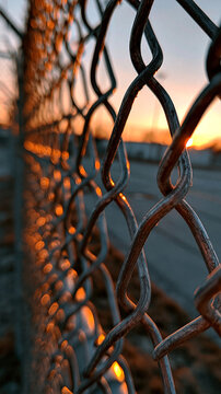 Chain-link Fence at Sunset: A close-up view of a weathered chain-link fence bathed in the warm, golden light of a sunset, casting an abstract pattern of light and shadow
