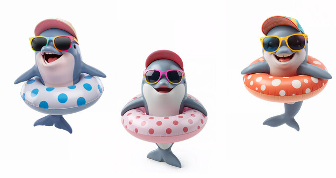 Funny cartoon dolphin with a swimming ring isolated on white background
