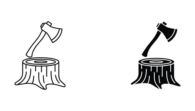 Lumberjack axe embedded in wooden tree stump icon set featuring outline and solid styles for forestry and logging industry branding and wilderness survival themed graphic design assets