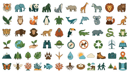 A collection of flat design icons representing various animals, nature, and outdoor activities, perfect for environmental and wildlife themes.