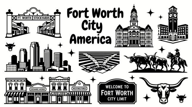 Fort Worth Texas America landmarks featuring Fort Worth Stockyards Sundance Square Tarrant County Courthouse Water Gardens downtown skyline cattle drive sculptures and historic western vector set