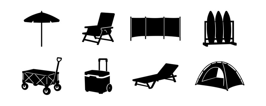 Beach and camping outdoor equipment icons set including umbrella, chair, surfboard rack, cooler, wagon, lounge, tent, windbreak silhouettes