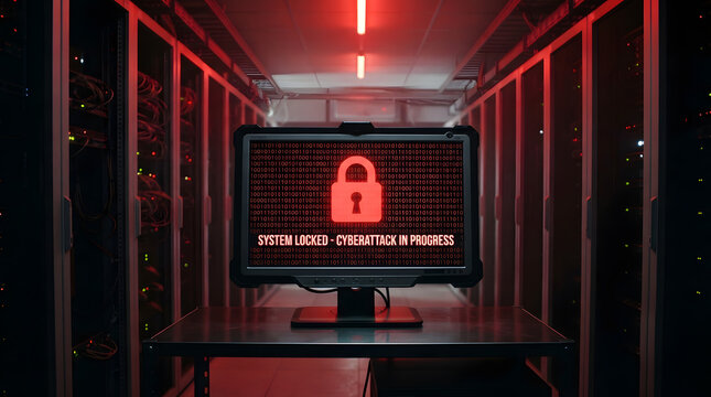 A red cyber attack warning lock screen appears on the server room monitor.
