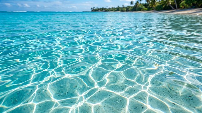 南国の綺麗なビーチと輝くエメラルドグリーンの浅瀬の水面
