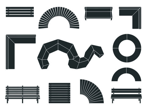 Modern park bench silhouettes and top view symbols for landscape architecture and urban design.