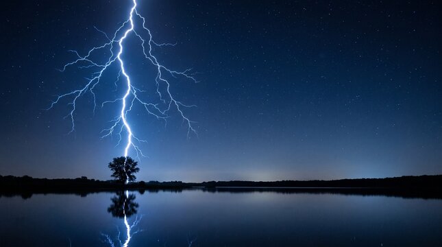 Lightning bolt striking lone tree by calm lake at night