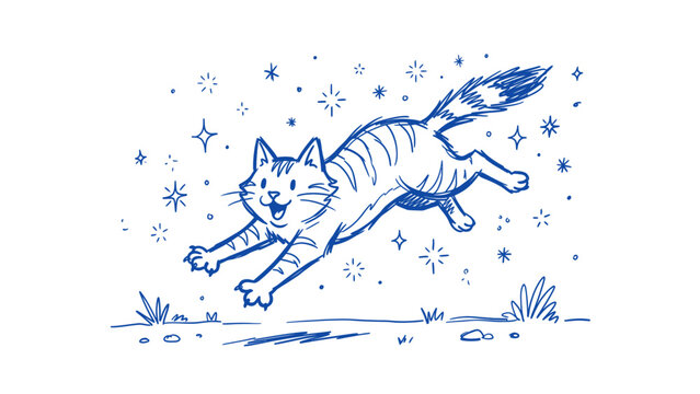 Hand Drawn Blue Ink Sketch of a Happy Jumping Tabby Cat