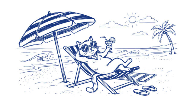 Cartoon Cat Relaxing on Beach Deckchair Under Umbrella Illustration