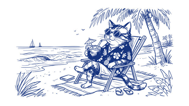 Blue Sketch of a Cool Cat Relaxing on a Beach Chair with a Coconut Drink