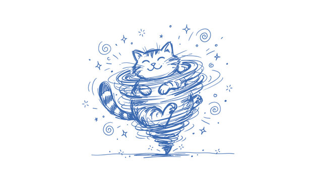 Blue Pen Sketch of a Happy Cartoon Cat Spinning in a Tornado Whirlwind