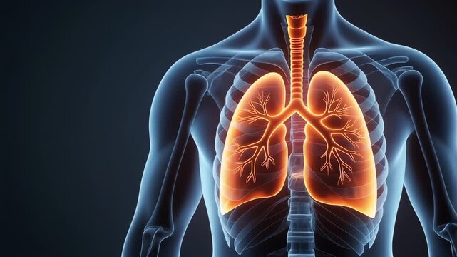 3D medical animation of glowing human lungs inside torso