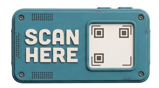 3D retro QR placeholder, Blue scan here device icon with QR code reader display and retro style