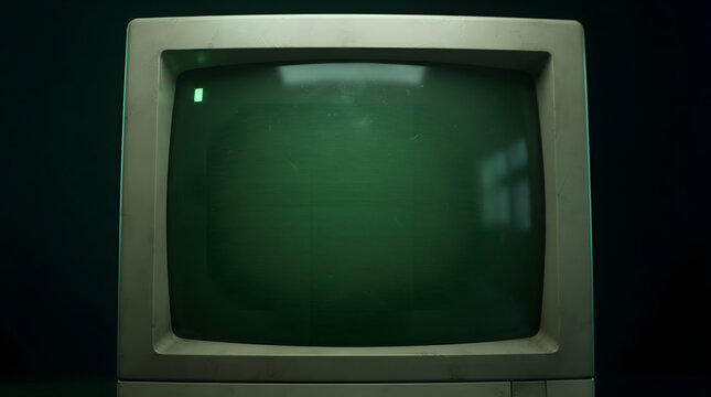 Vintage computer monitor with bright green screen and cursor